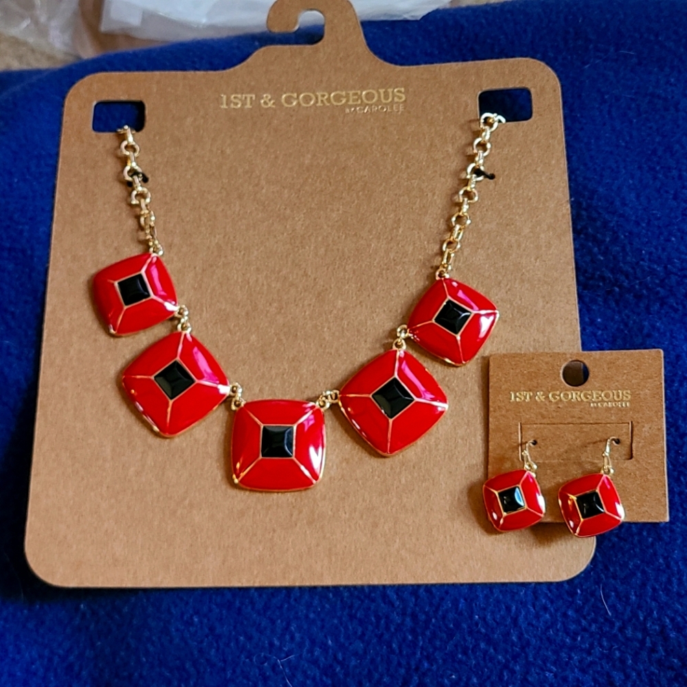 Red and black necklace and earring set
